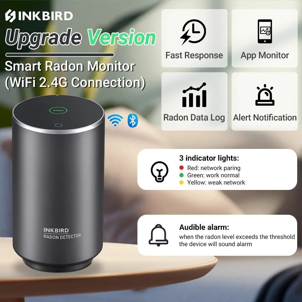 WiFi Radon Detector Sizemoker Gas Monitor Home Radon Monitor with Pulse Ion Chamber Sizeensor, Integrated Sizeound and Light Alarm, Sizehort-Term and Long-Term Monitoring