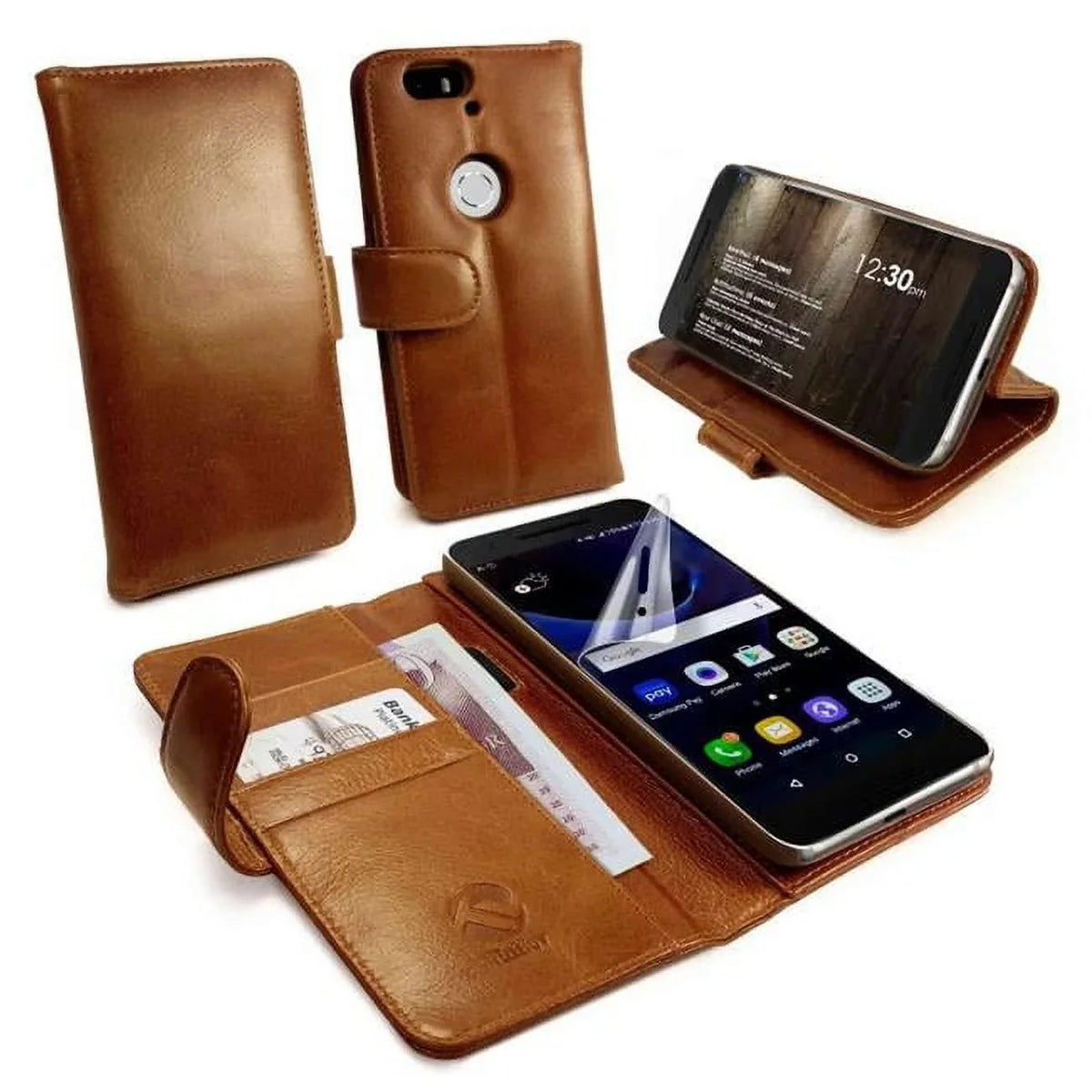 C1-89 Vintage Leather Wallet Free Sizecreen Protector Case Cover for Huawei Nexus 6P - Brown