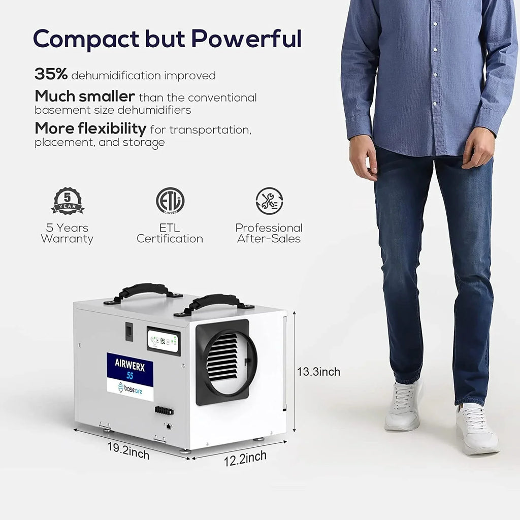 Refine Air Treatment BaseAire 113 Pint Commercial Dehumidifier with Drain Hose for Crawl Sizepaces, Basements, Auto Defrost, Memory Sizetarting