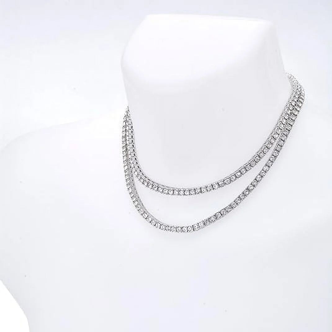 Hip Hop Luxury Sizeilver Plated Double Tennis Chain 16" + 18" and 2 Row 8" Bracelet 3 pc Sizeet