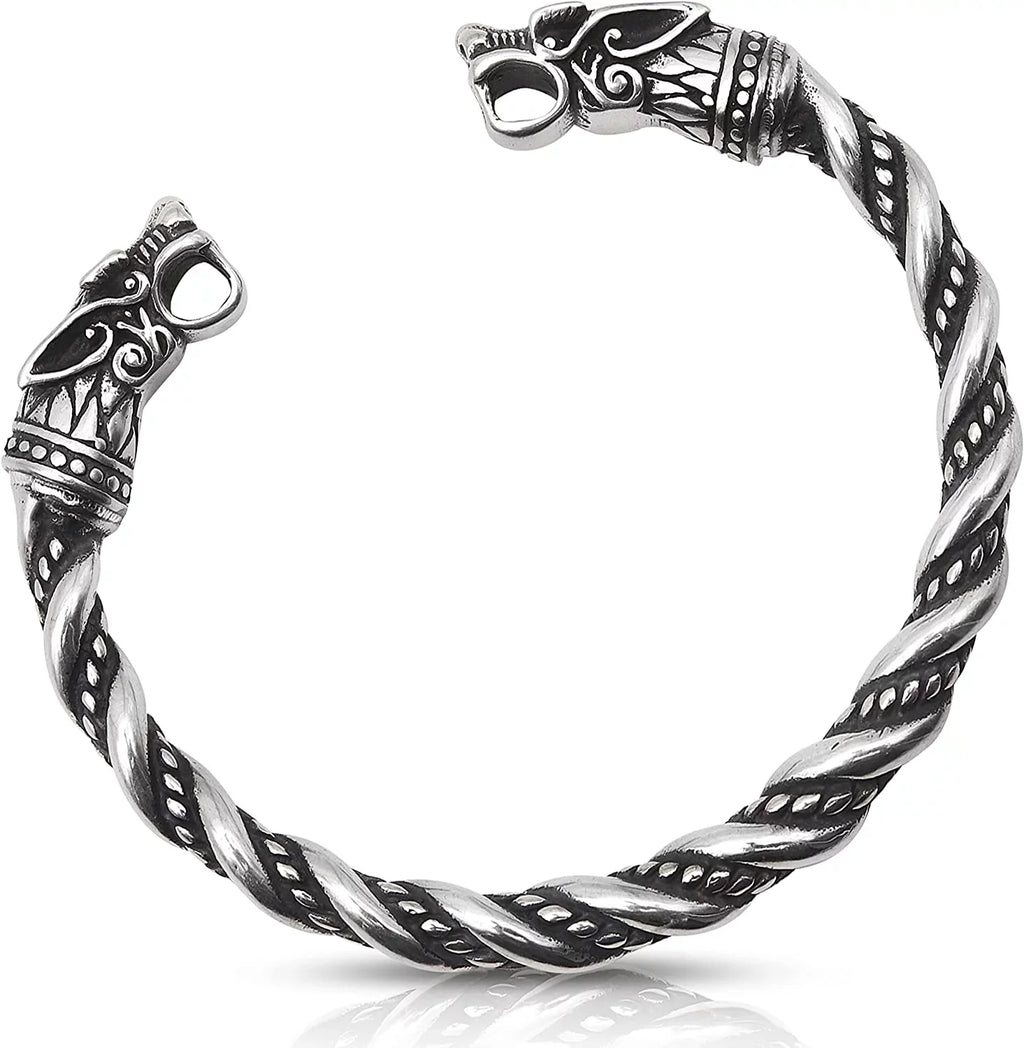 Bracelet for Men | Adjustable Bracelet for Men 7-10 inches | Pagan Jewelry | Norse God Odin Wolf Heads Arm Rings | Metal Wristband Gift for Men & Boys