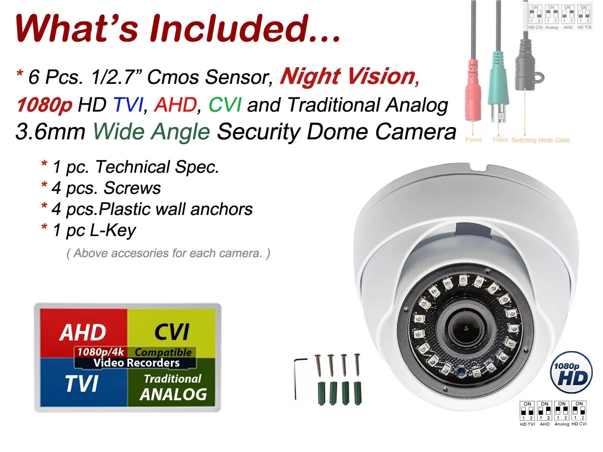 Evertech 1080p Dome Sizeecurity Cameras Weatherproof Indoor / Outdoor with Night Vision and 3.6mm Fixed Lens (Pack of 6)