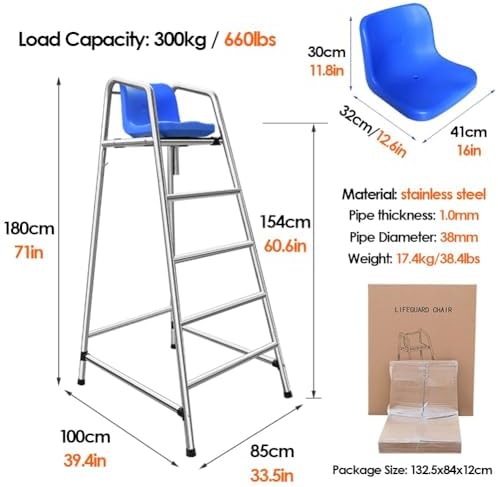 Extra Tall Lifeguard Chair 120-180cm - Stainless Steel Pool Ladder Lifesaving Chair, Tennis Volleyball Referee Stand, Ideal for Beach, Patio, Lake, Outdoor Safety,Blue,180cm/71in/5.9ft high