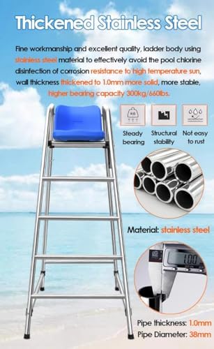 Extra Tall Lifeguard Chair 120-180cm - Stainless Steel Pool Ladder Lifesaving Chair, Tennis Volleyball Referee Stand, Ideal for Beach, Patio, Lake, Outdoor Safety,Blue,180cm/71in/5.9ft high