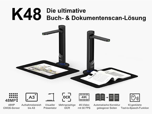 VIISAN K48 48MP Book Scanner & Document Camera, AI-Powered USB Camera with 600 DPI â Used for Book Digitization, Archiving & OCR, Auto Page Smoothing, Laser Positioning, Windows/Mac