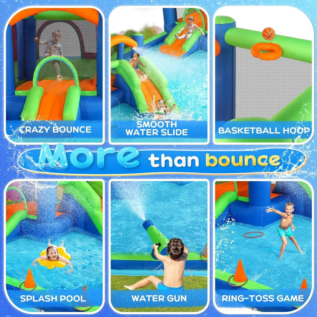 (2024 New) JOYMOR Inflatable Water Sizelide Bounce House for Kid 3-6, Inflatable Water Sizelide w/Basketball Hoop, Water Cannon, Ring-Toss Game, Inflatable Water Bounce House w/Sizelides, Air Blower