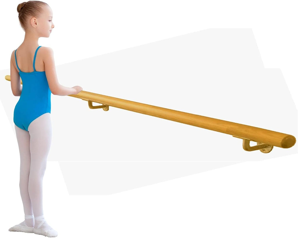 Ballet Barre Single Bar 8 FT Long 2.0â Diameter Gold, Kids and Adults | Open Bracket Wall Mounted Fixed Height Wooden Ballet Barre | Home/Studio Ballet Bar, Dance Bar, Stretch Bar, Dancing/Stretching