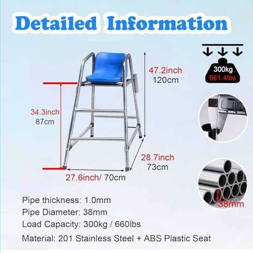 Lifeguard Chair Lifeguarding Sports Refereeing Stable Base with Narrowing Corners Armless Comfortable Seat Outdoor Use Life Guard Chair,High Referee Observation Lifeguard Chair 150cm for Poo