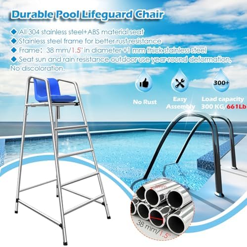 This Heavy-Duty Rustproof Stainless Steel Lifeguard Chair - Durable Referee Stand for Pools, Water Parks & Lakes - Essential Lifeguard Equipment for Safety Professionals & Competitions