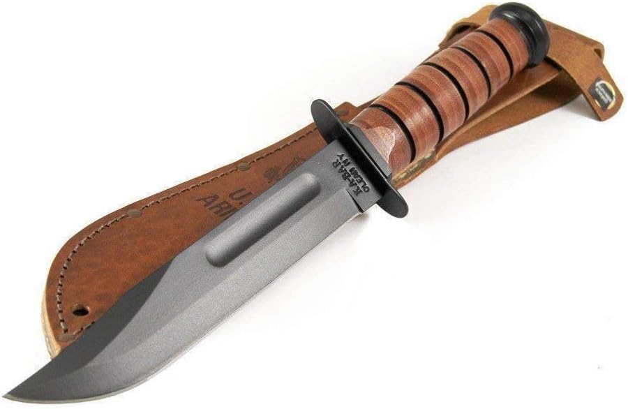 KA-BAR 1220 US Army Straight Edge Fighting/Utility Knife with Leather Sheath, Beige, 7" Blade