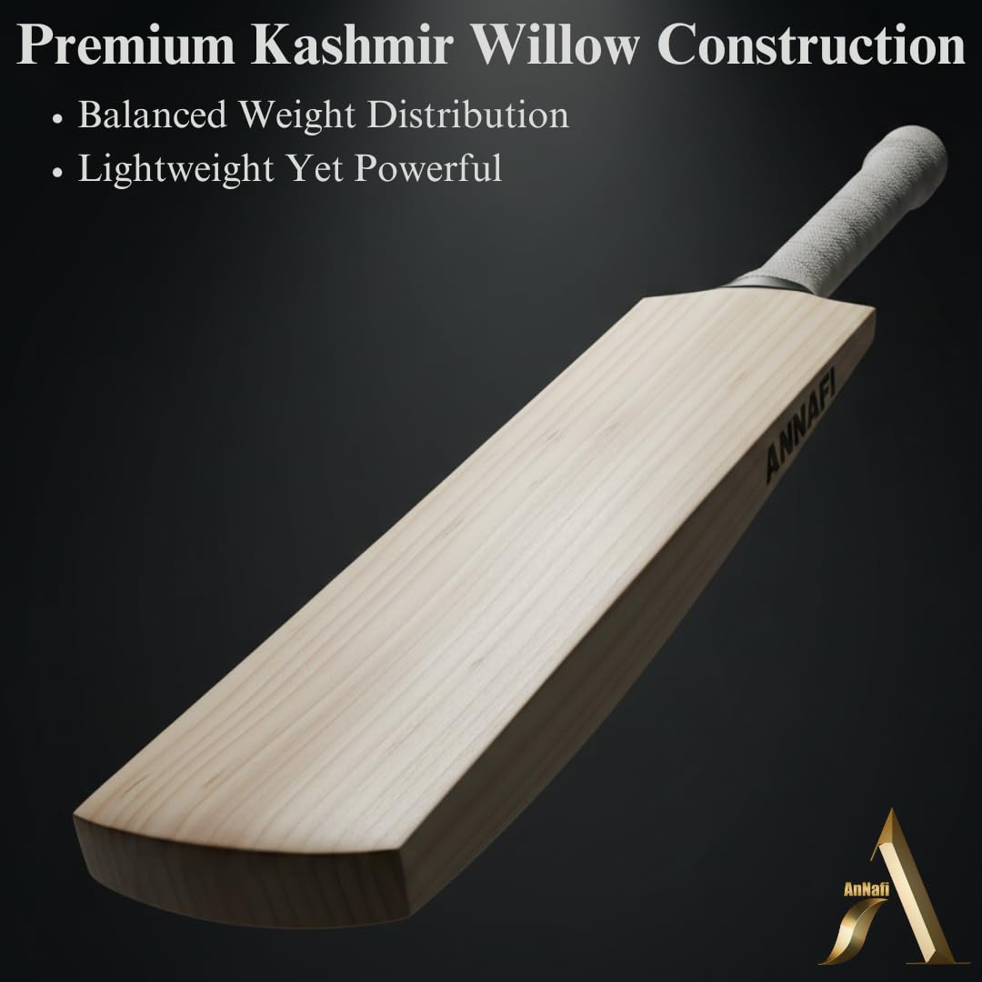 AnNafiÂ® Kashmir Willow Cricket Bat for Leather Ball | Premium Quality Long Handle Long Blade Cricket Bat| Top Grade Custom Made Thick Edge Light Weight | Full Size Cover