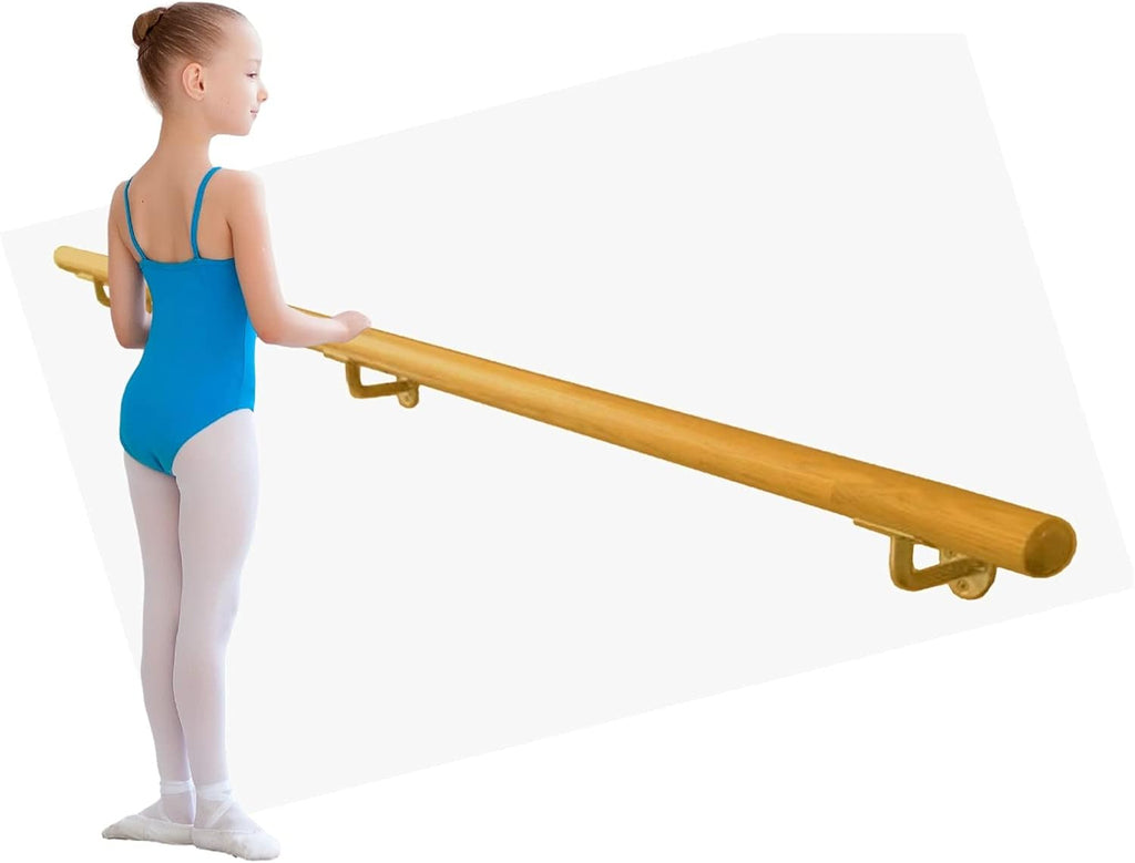 Ballet Barre Single Bar 8 FT Long 2.0â Diameter Gold, Kids and Adults | Open Bracket Wall Mounted Fixed Height Wooden Ballet Barre | Home/Studio Ballet Bar, Dance Bar, Stretch Bar, Dancing/Stretching