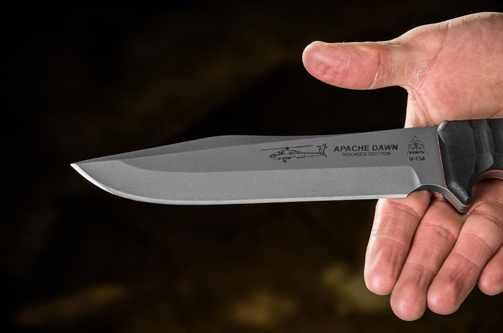 Tops Knives Apache Dawn Rockies Edition Full Tang Fixed Blade- Tumble Finish- Olive Drab MIL-SPEC Nylon Sheath (Black G10 Handle)