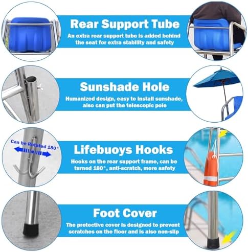 Lifeguard Chair Lifeguarding Sports Refereeing Stable Base with Narrowing Corners Armless Comfortable Seat Outdoor Use Life Guard Chair,Life-Guard Chair with Sunshade Hole Removable Commerc