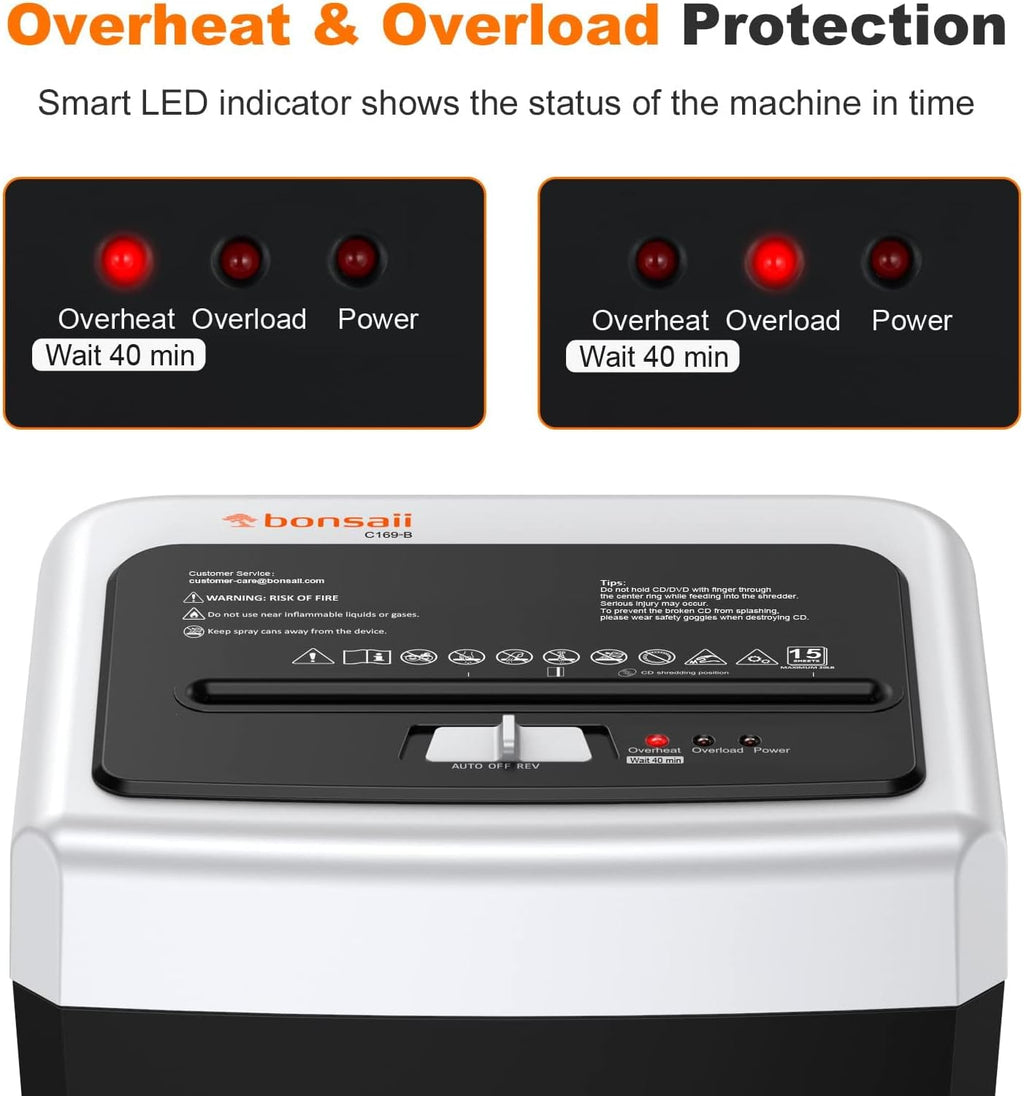 Bonsaii 15-Sheet Cross-Cut 40-Min Heavy Duty Paper Shredder for Home Office