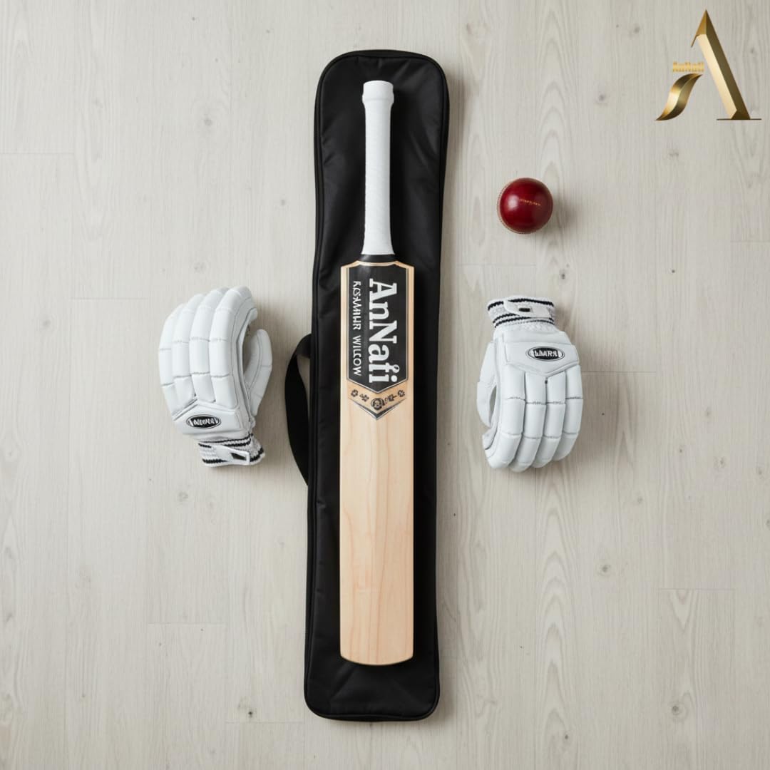 AnNafiÂ® Kashmir Willow Cricket Bat for Leather Ball | Premium Quality Long Handle Long Blade Cricket Bat| Top Grade Custom Made Thick Edge Light Weight | Full Size Cover