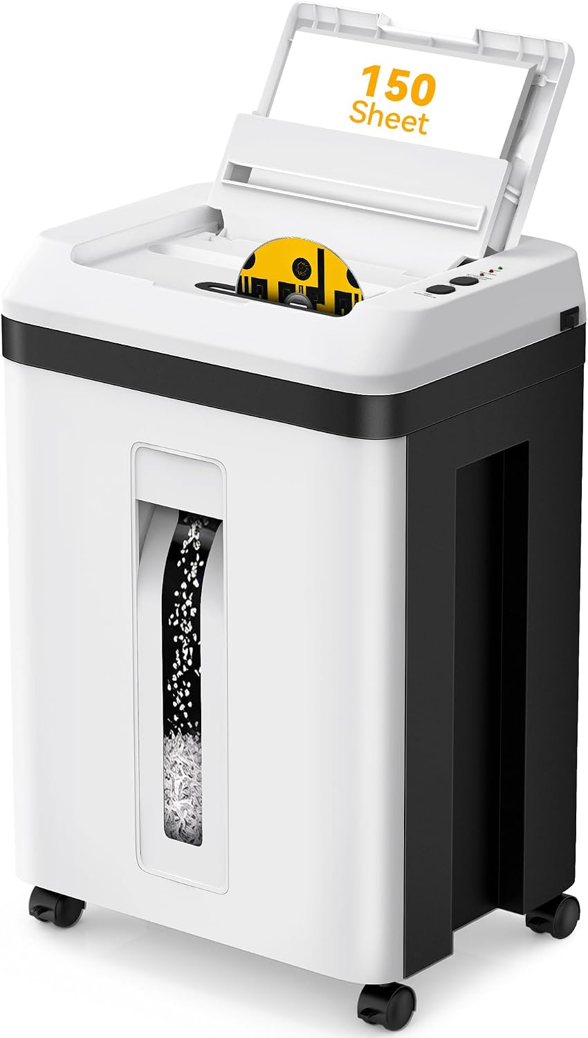 150-Sheet Paper Shredder Heavy Duty, Micro Cut and CDs/Cards, P5 Ultra Security, 60 Min Non Stop Shredder for Home Office, 5.3 Gallon Bin with Wheels, <60 dB (OL289)