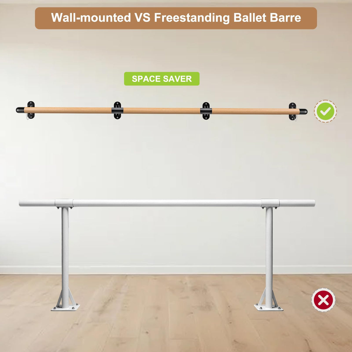Dolibest Space Saver, Ballet Barre, Wall Mounted Traditional Wood Ballet Barre System Stretch/Dance for Home Barre Workout Equipment, Height Adjustable, for Kids and Adults