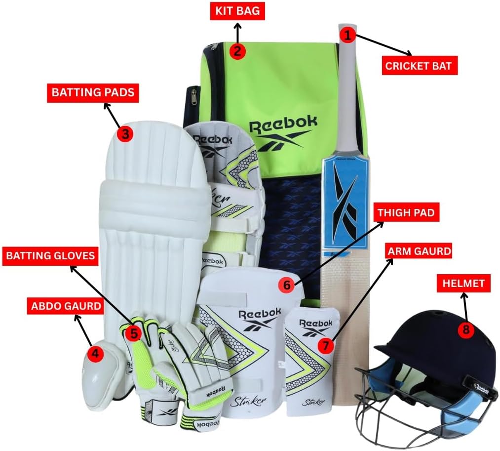 Reebok Cricket Kit â 8-Piece Complete Set with Bat, Pads, Gloves, Helmet & Bag | Sealed Sports Equipment Bundle | (1)