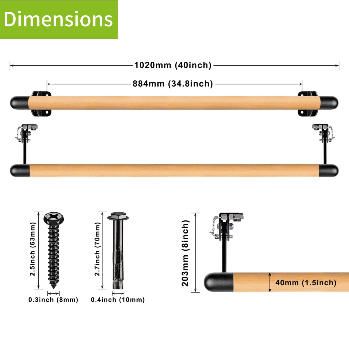 Kipika Wall Mounted Traditional Solid Wood Ballet Barre, Freestanding Ballet Barre, Stretch/Dance Bar for Home Workout Dance Equipment, Durable Metal Support, Height Adjustment
