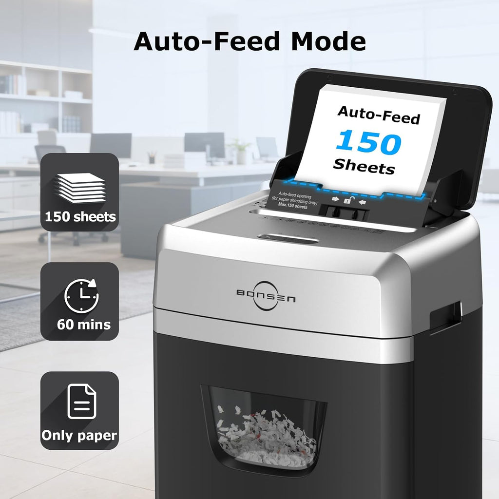 BONSEN 150-Sheet Autofeed Micro-Cut Heavy Duty Paper Shredder for Office
