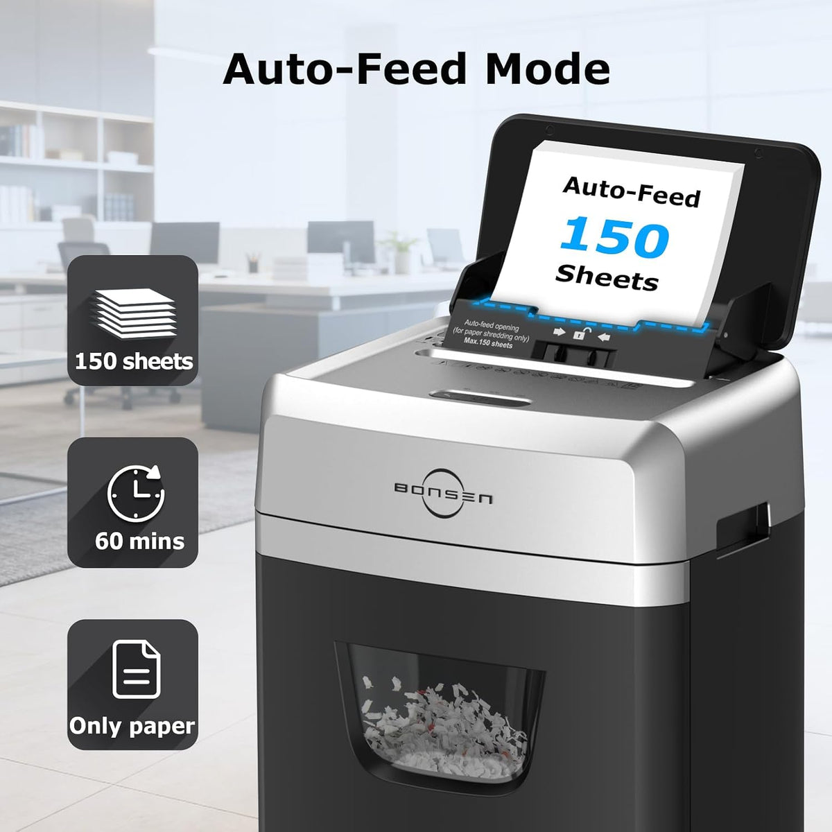 BONSEN 150-Sheet Autofeed Micro-Cut Heavy Duty Paper Shredder for Office