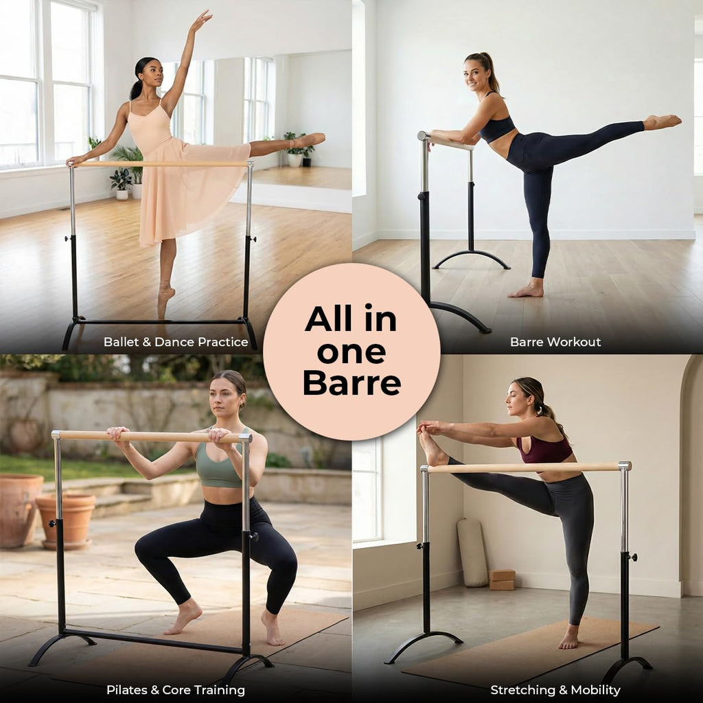 Ballet Barre Portable for Home or Studio, Freestanding Adjustable Bar for Stretch, Balance, Pilates, Dance or Active Workouts, Single or Double Bar, Kids and Adults