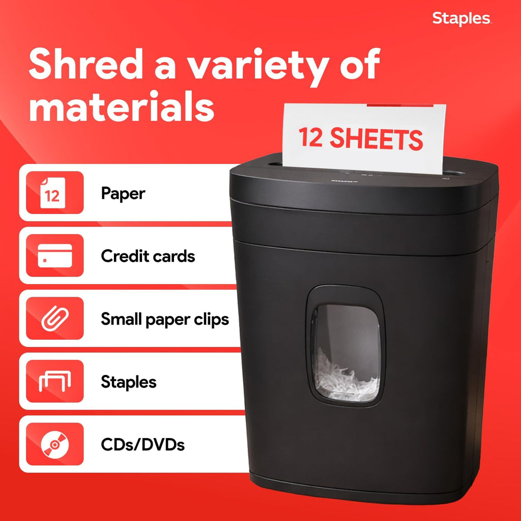 Staples 12-Sheet Micro-Cut Paper Shredder, High-Security, Anti-Jam, Black