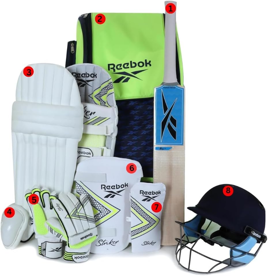 Reebok Cricket Kit â 8-Piece Complete Set with Bat, Pads, Gloves, Helmet & Bag | Sealed Sports Equipment Bundle | (4)