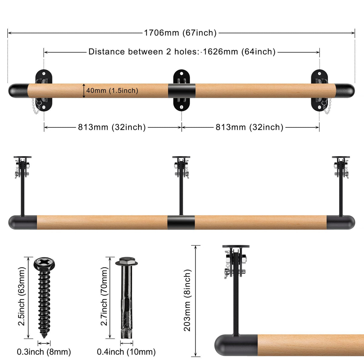 Kipika Wall Mounted Traditional Solid Wood Ballet Barre, Freestanding Ballet Barre, Stretch/Dance Bar for Home Workout Dance Equipment, Durable Metal Support, Height Adjustment