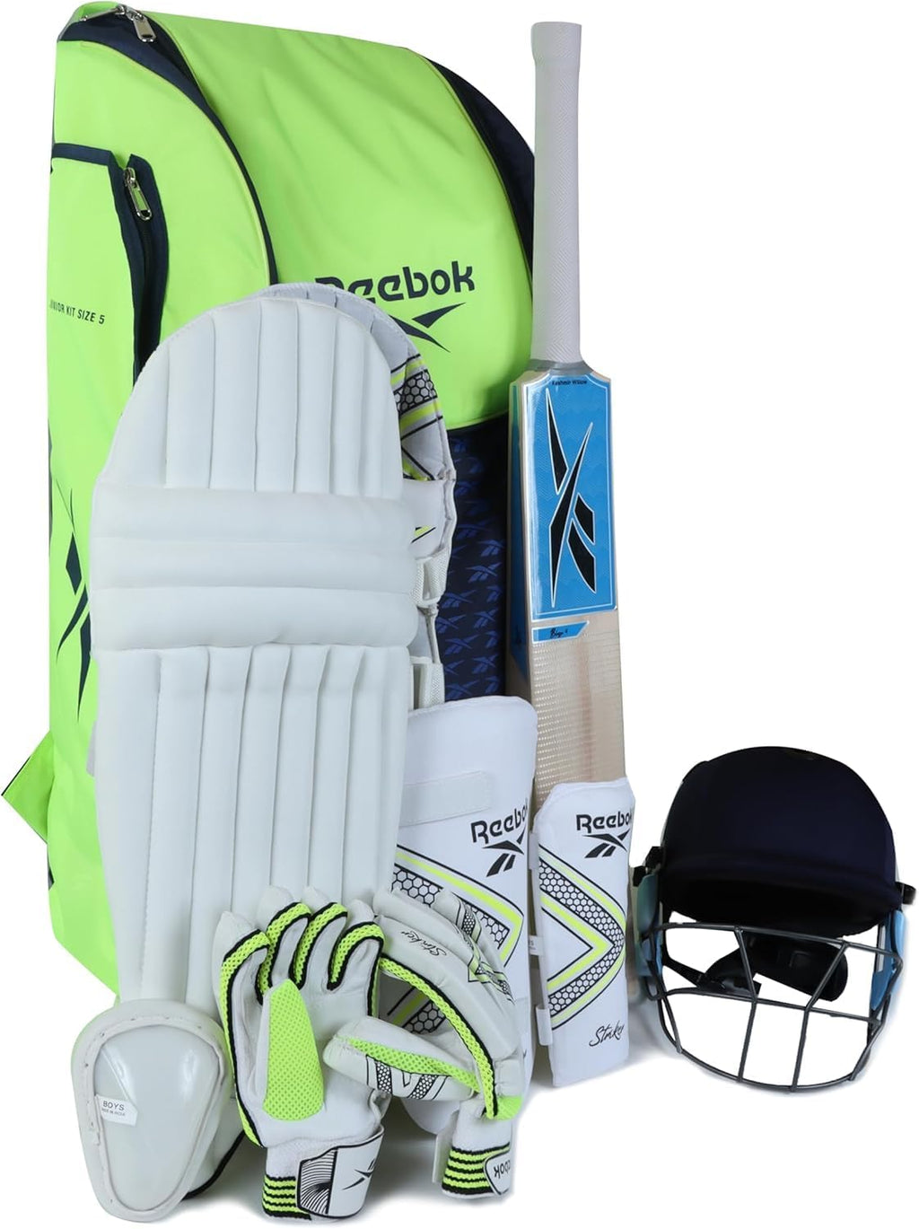 Reebok Cricket Kit â 8-Piece Complete Set with Bat, Pads, Gloves, Helmet & Bag | Sealed Sports Equipment Bundle | Size - 5