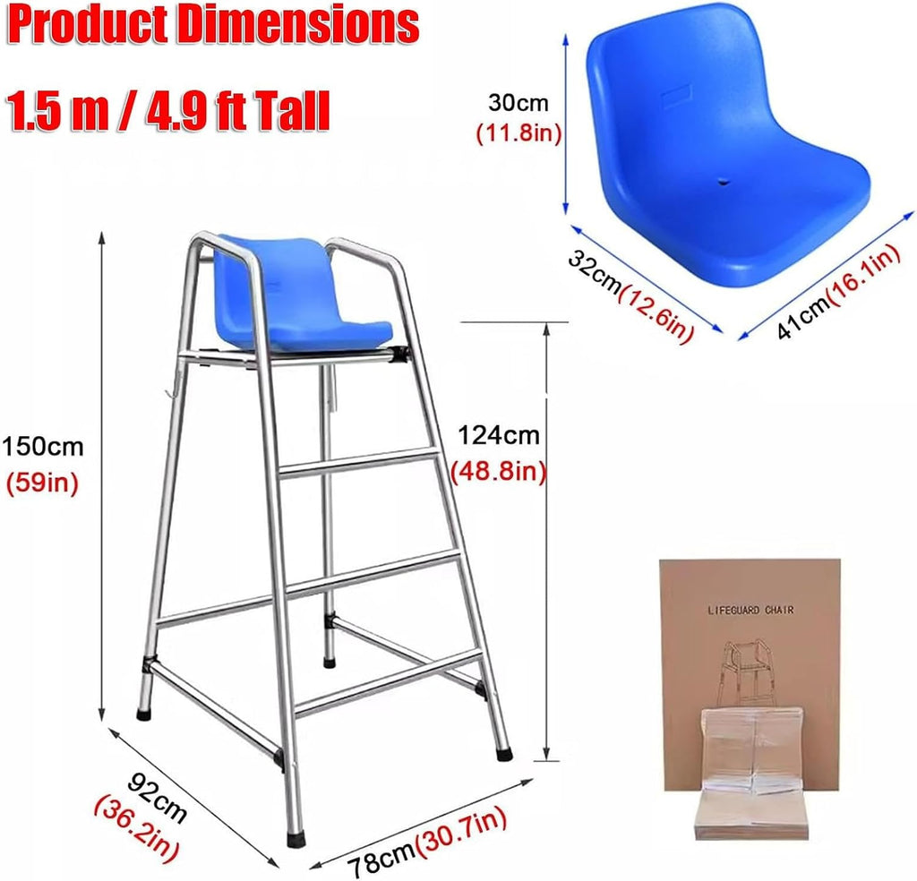 Tennis Volleyball Referee Chair Stand, 120 150 180 cm High Stainless Steel Lifeguard Chair for Pools Patio Lake Beach, Outdoor Extra Tall Life Guard Deck Chairs/Bar Stool(150cm/4.9ft Tall)