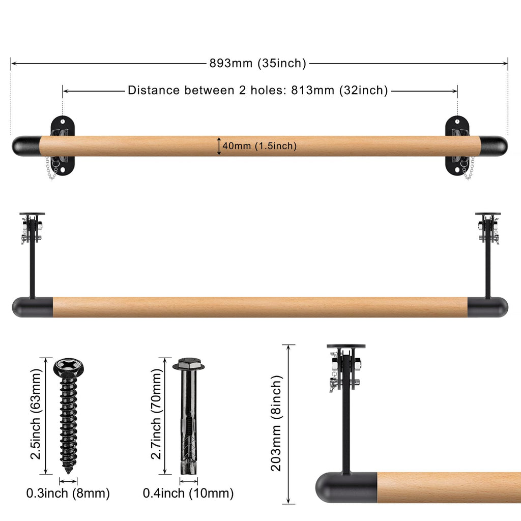 Kipika Wall Mounted Traditional Solid Wood Ballet Barre, Freestanding Ballet Barre, Stretch/Dance Bar for Home Workout Dance Equipment, Durable Metal Support, Height Adjustment