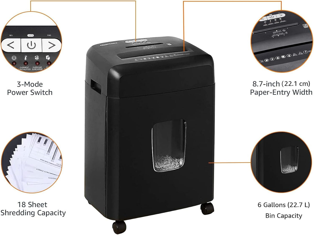 Amazon Basics 18 Sheet Cross Cut Paper, CD, and Credit Card Shredder with 6 Gallon Bin, 30 Minutes Continuous Run Time, Black