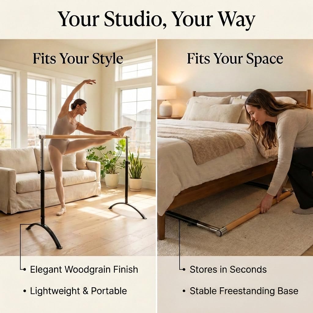 Ballet Barre Portable for Home or Studio, Freestanding Adjustable Bar for Stretch, Balance, Pilates, Dance or Active Workouts, Single or Double Bar, Kids and Adults