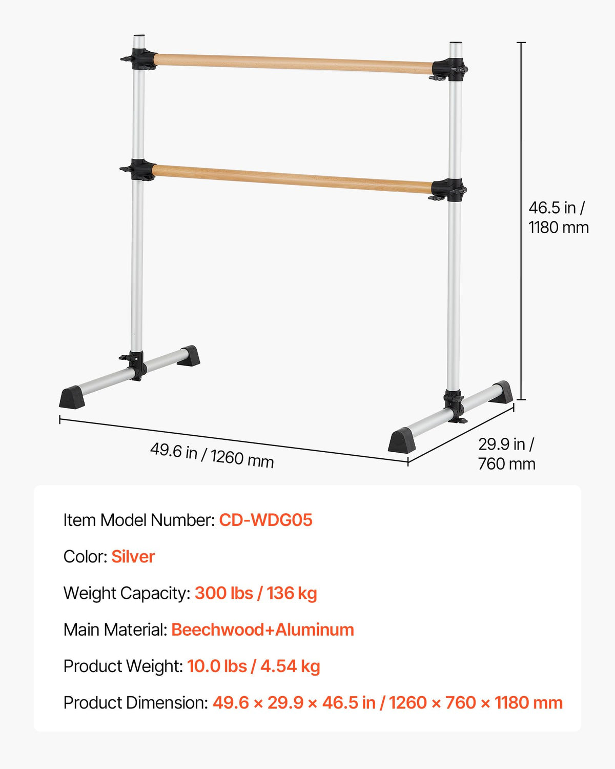 VEVOR Ballet Barre, Barre Bar for Home, Freestanding Portable Ballet Stretching Dance Bars, Height Adjustable Anti-Wobble Fitness Gym Studio Equipment