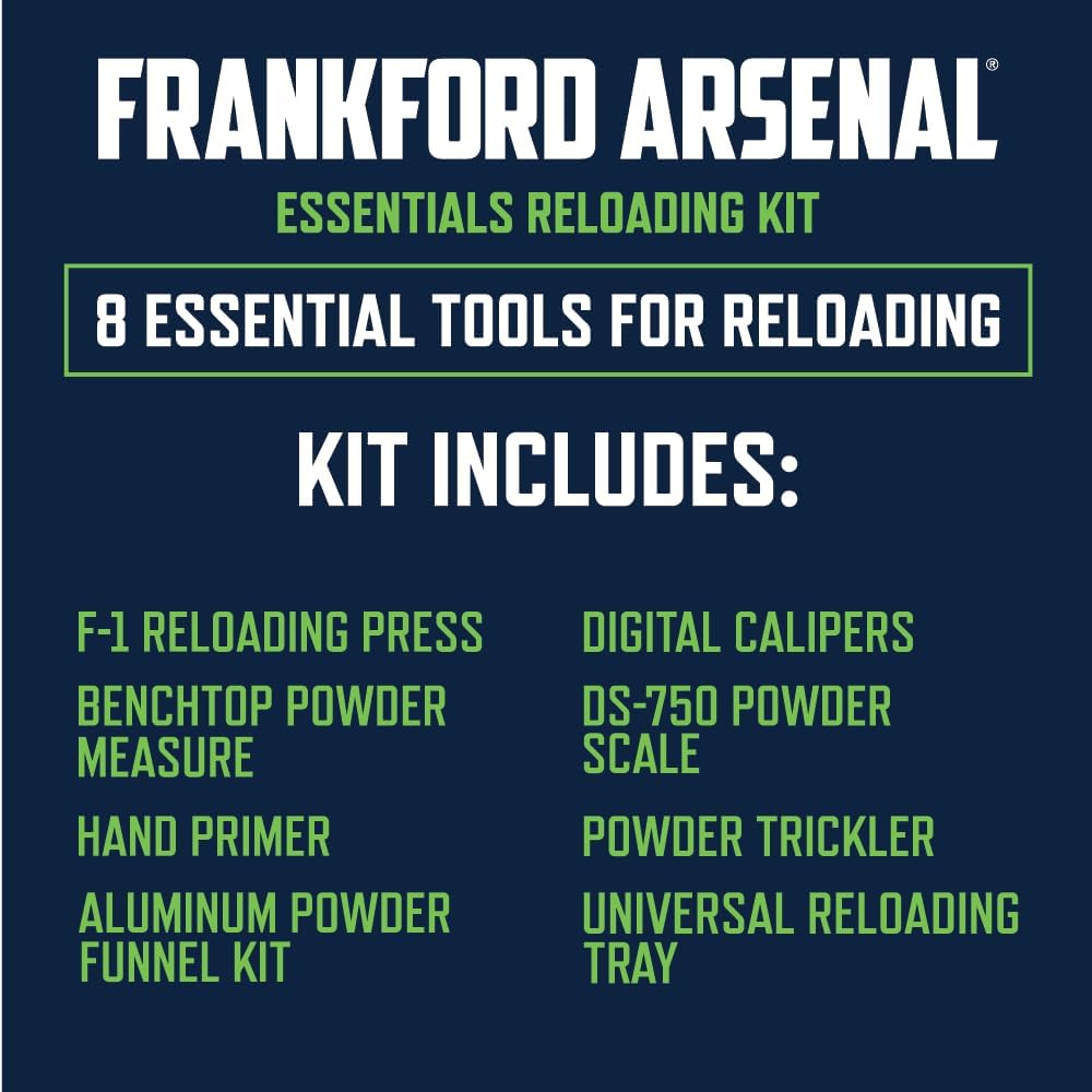 Frankford Arsenal Essentials Reloading Kit with Adjustable Seating System, F-1 Single Stage Press, Digital Calipers, Compatible with Standard Dies, for Seating, Resizing, Depriming, and Reloading