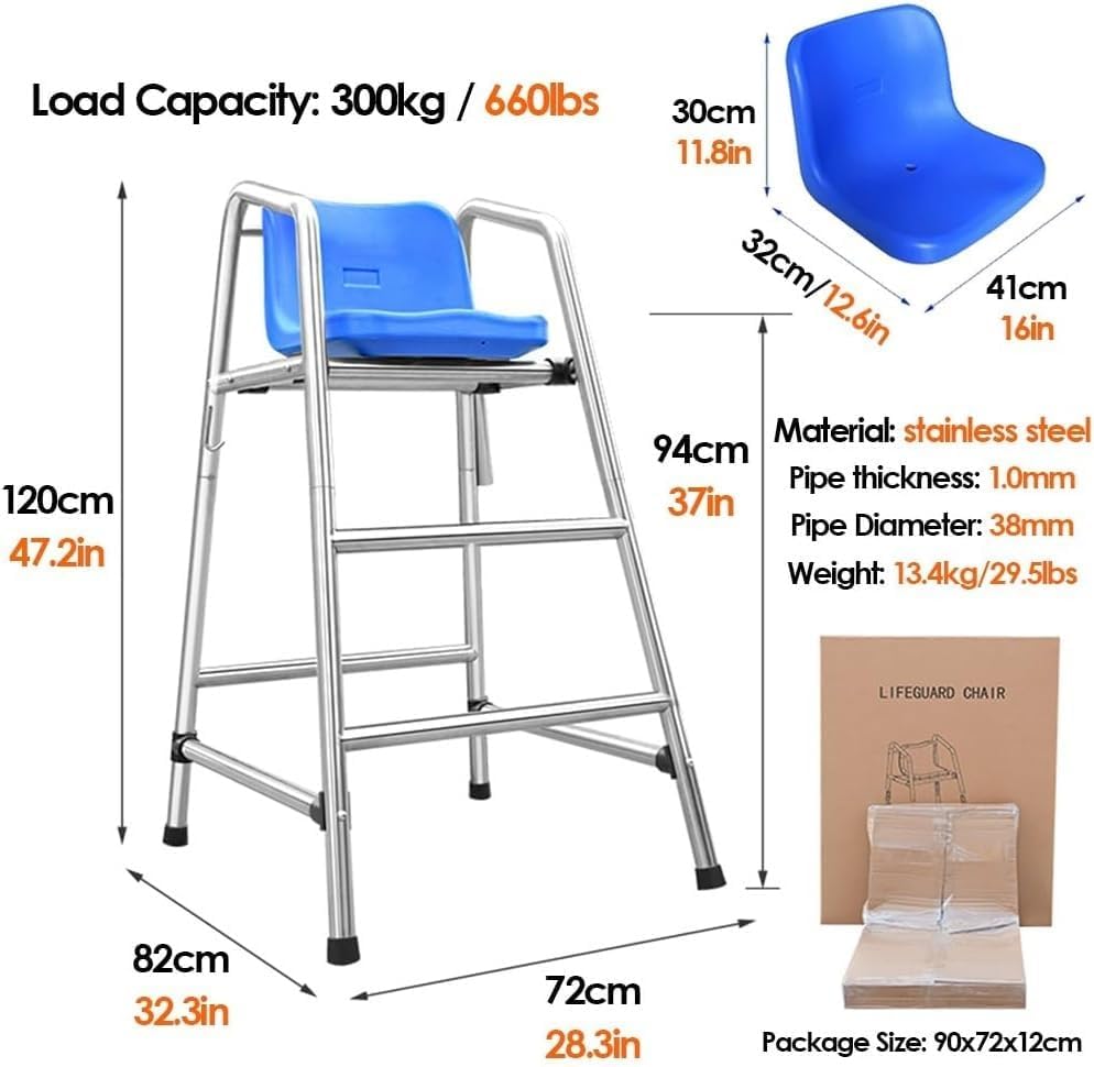 Pool Ladders 120 150 180 cm High Tennis Volleyball Referee Chair Stand for Pools Patio Lake Beach, 304 Stainless Steel Lifeguard Chair w/Comfortable Seat(120cm/47.2in/3.9ft high)