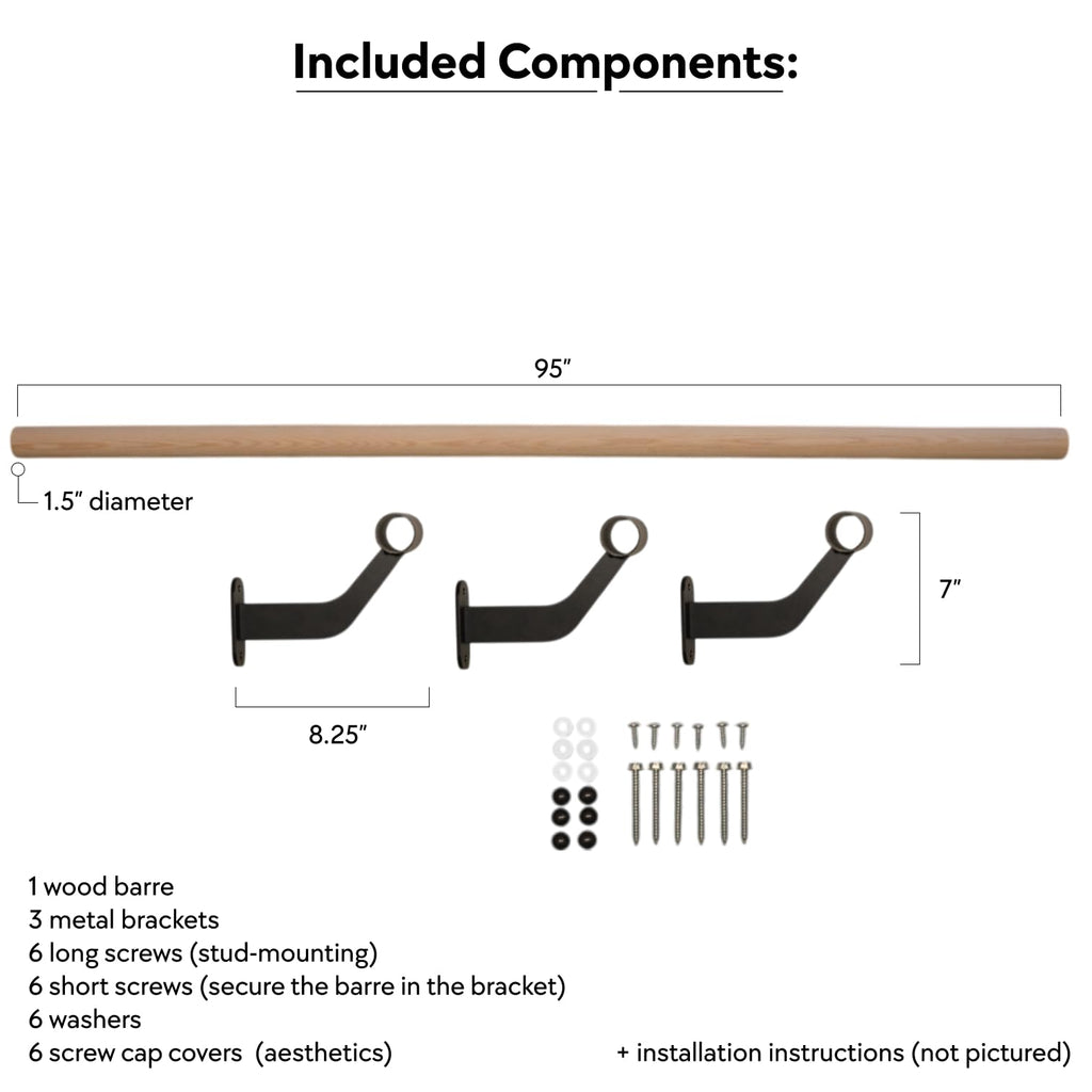 Wall-Mounted Ballet Barre for Home Dance, Exercise, Fitness, Stretching - Made in USA