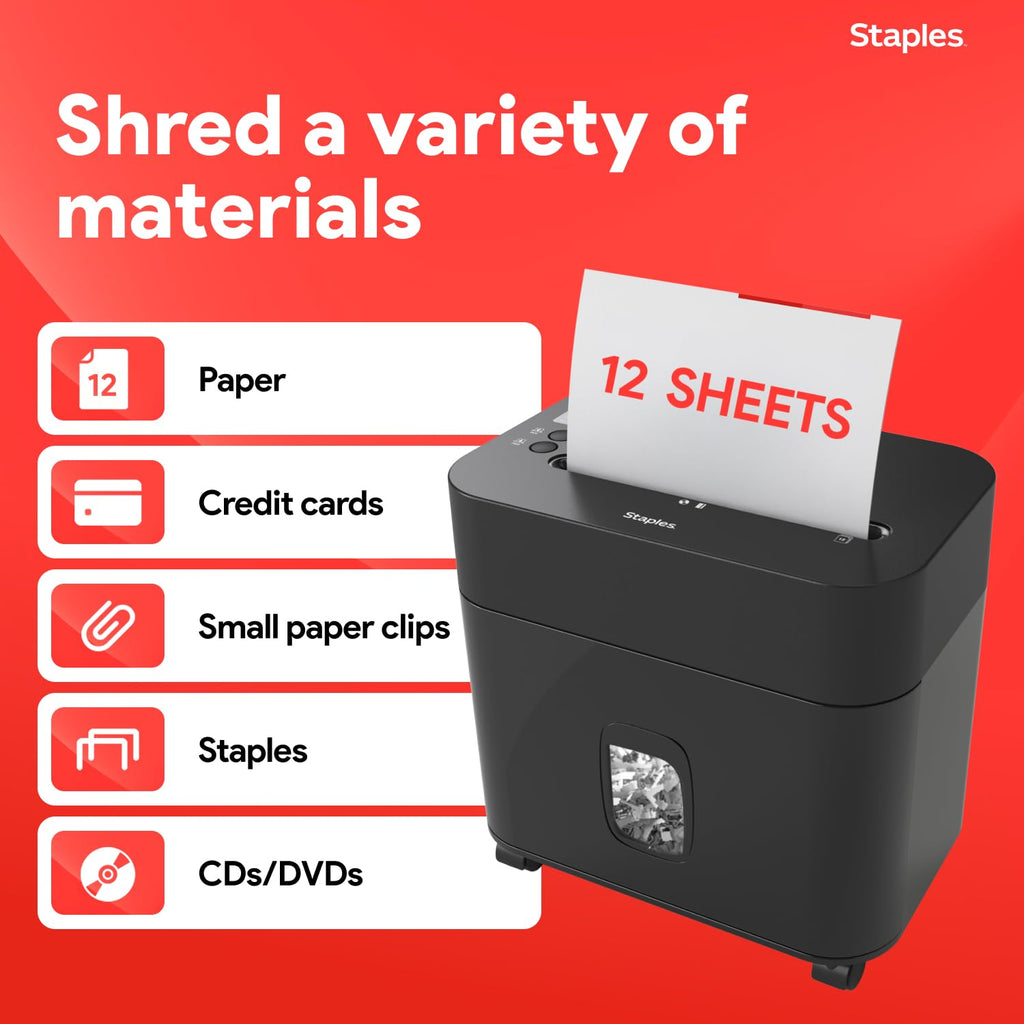 Staples 12-Sheet Micro-Cut Paper Shredder, High-Security, Anti-Jam, Black