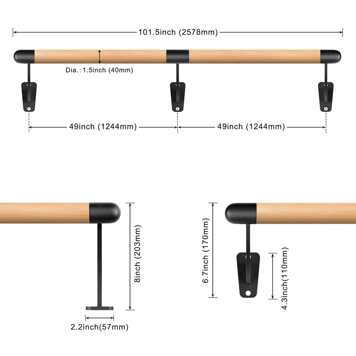 SELEWARE 4-12 FT Wood Ballet Barre Wall Mount Ballet Bar Dance Bar for Home