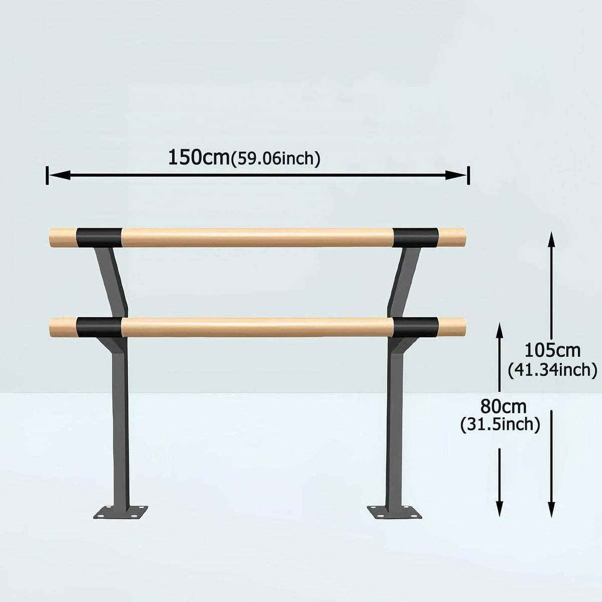 Double Floor Mounted Ballet Barre, Solid Wood Dance Bar with Manganese Steel Core, Heavy Duty Stretching Barre for Home Studio, Ballet Pilates Fitness Training for Kids and Adults