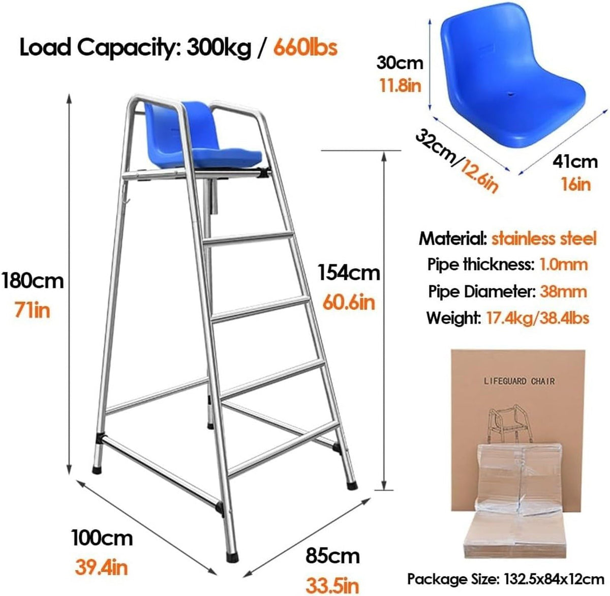 Outdoor 180cm Tall Stainless Steel Referee Chair Stand for Volleyball Tennis Life Guard Deck Seat 71in Extra High Pool Patio Beach Official Chair w/Comfortable, Blue, 120cm/47.2in/3.9ft high