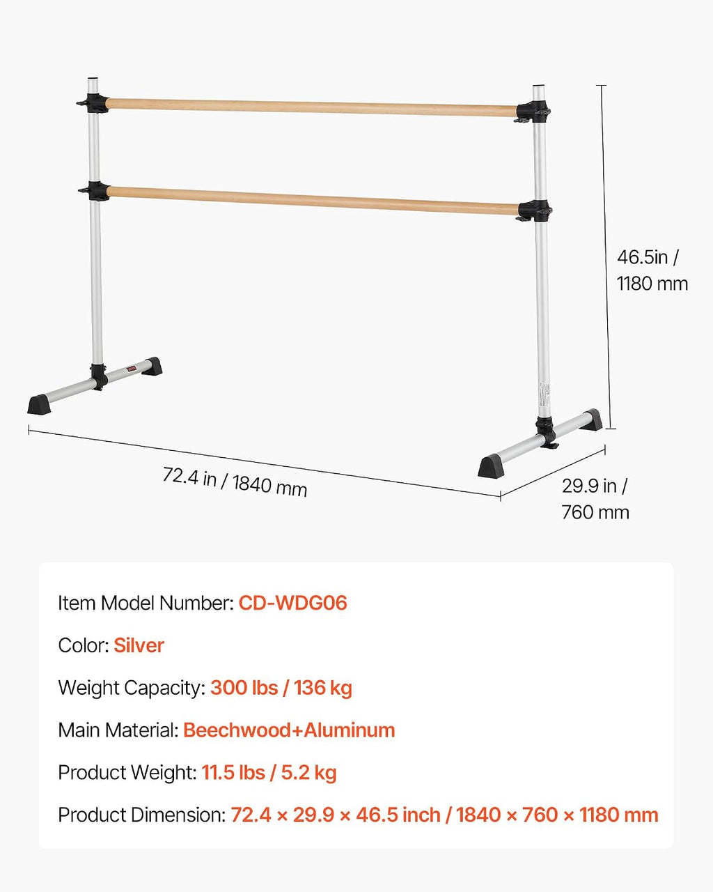 VEVOR Ballet Barre, Barre Bar for Home, Freestanding Portable Ballet Stretching Dance Bars, Height Adjustable Anti-Wobble Fitness Gym Studio Equipment
