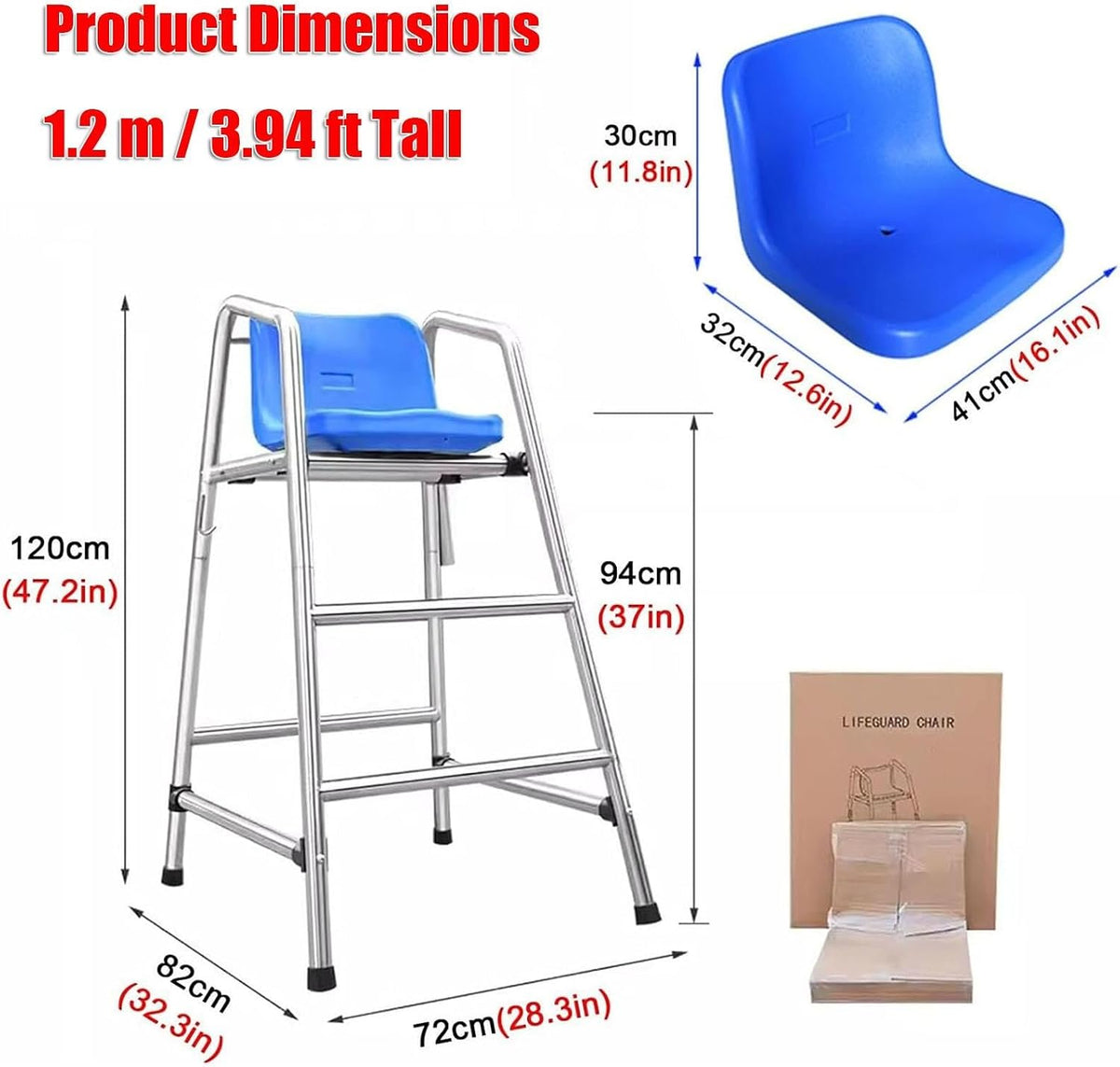 Stainless Steel Lifeguard Chair for Pool high Elevated Referee Stand Heavy Duty Non Slip seat Platform for Backyard Outdoor Swimming Safety(120cm/3.94ft Tall)
