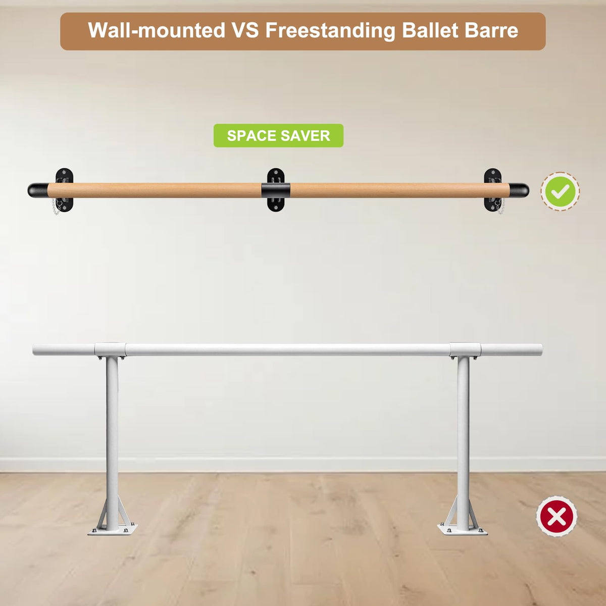 Dolibest Space Saver, Ballet Barre, Wall Mounted Traditional Wood Ballet Barre System Stretch/Dance for Home Barre Workout Equipment, Height Adjustable, for Kids and Adults