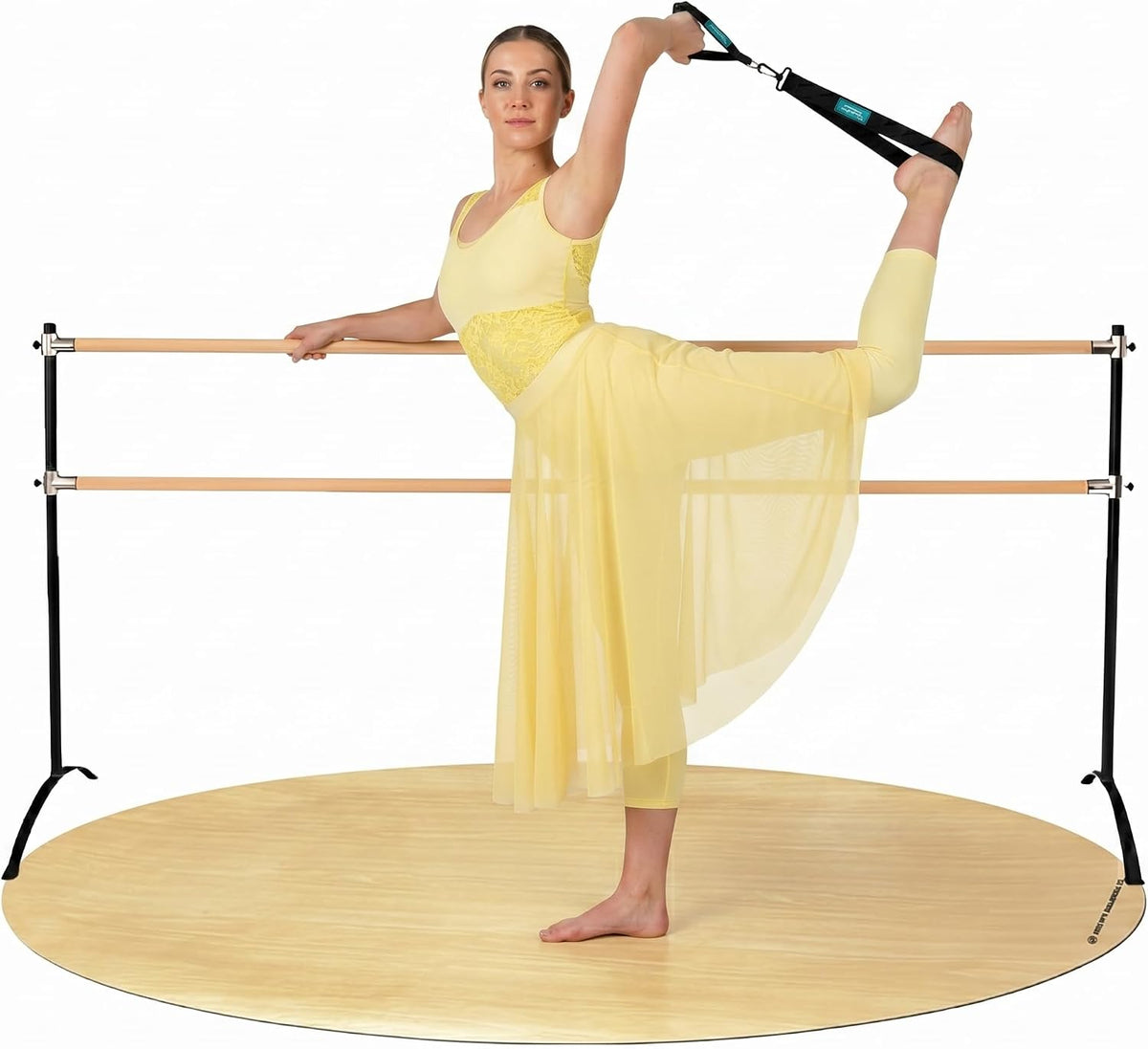 Artan Balance Ballet Barre for Home and Studio Bundle + Portable Marley Dance Floor + Stretching Strap