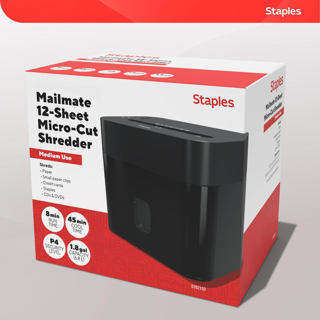 Staples 12-Sheet Micro-Cut Paper Shredder, High-Security, Anti-Jam, Black