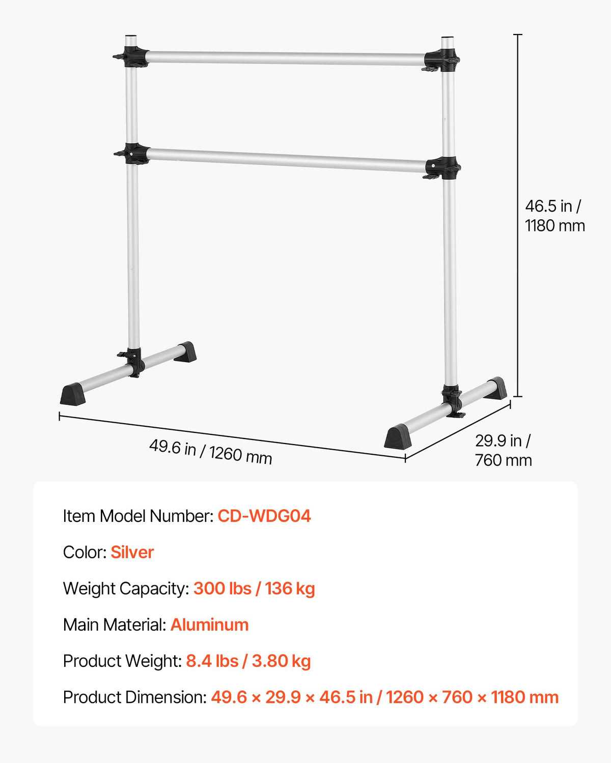 VEVOR Ballet Barre, Barre Bar for Home, Freestanding Portable Ballet Stretching Dance Bars, Height Adjustable Anti-Wobble Fitness Gym Studio Equipment