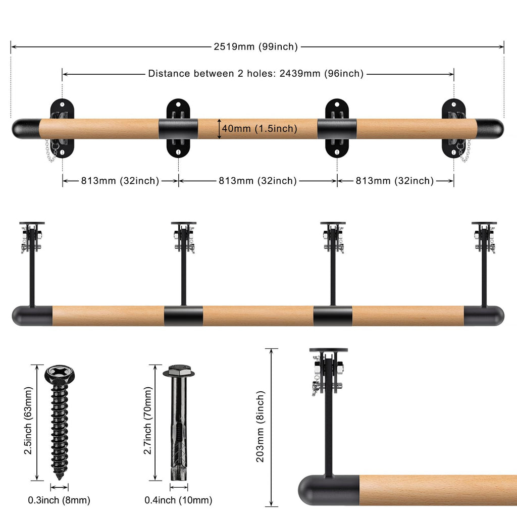 Kipika Wall Mounted Traditional Solid Wood Ballet Barre, Freestanding Ballet Barre, Stretch/Dance Bar for Home Workout Dance Equipment, Durable Metal Support, Height Adjustment